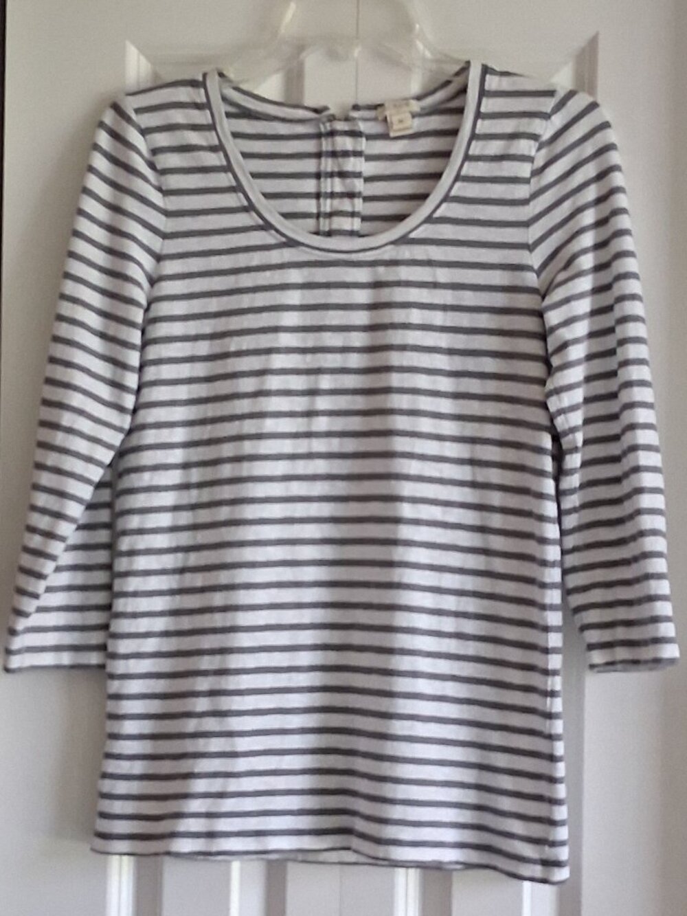 J. Crew Gray & White Stripe 3/4 Sleeve Back-Zip Tee Women's Size M